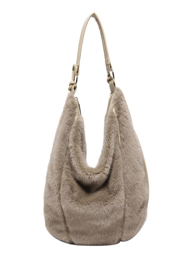Extolove Fluffy Tote Bag, Winter Fuzzy Purses for Women Faux Fur Bag Soft Furry Shoulder Bag Crossbody Handbag Plush Tote Bag, Khaki, Small - Image 1