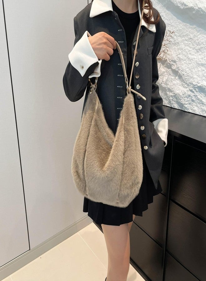 Extolove Fluffy Tote Bag, Winter Fuzzy Purses for Women Faux Fur Bag Soft Furry Shoulder Bag Crossbody Handbag Plush Tote Bag, Khaki, Small - Image 2