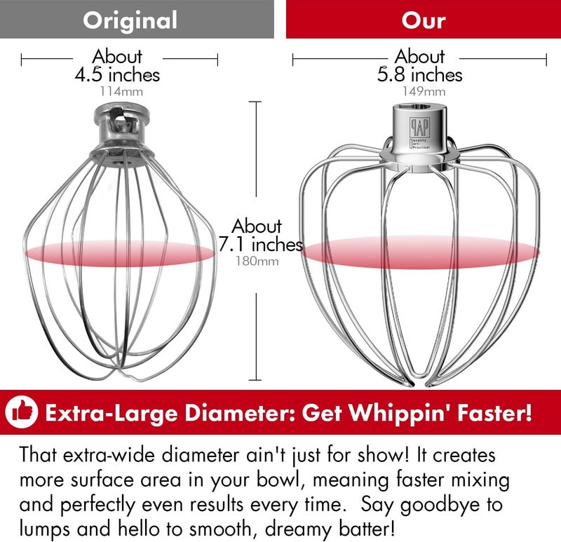qAp quality art Practical Heavy Duty Whisk Attachment for KitchenAid 5Plus-6QT Bowl-Lift Stand Mixers- Extra Thick Stainless Steel Wire Whip for Fast Whipping, Perfect for Large Batches, Dishwasher Safe - Image 4