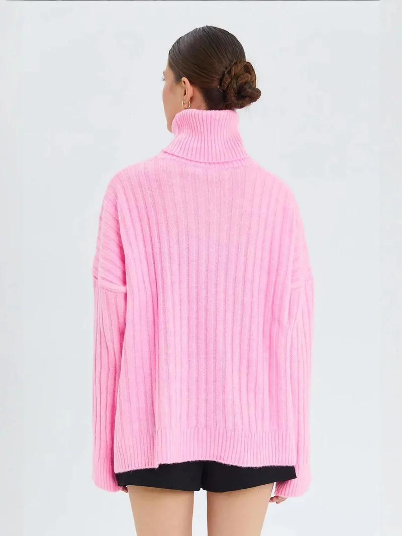 Mixray Powder Pink Mixray Oversize Ribbed Turtleneck Sweater for Women | Best Price UAE