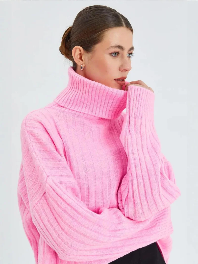 Mixray Powder Pink Mixray Oversize Ribbed Turtleneck Sweater for Women | Best Price UAE