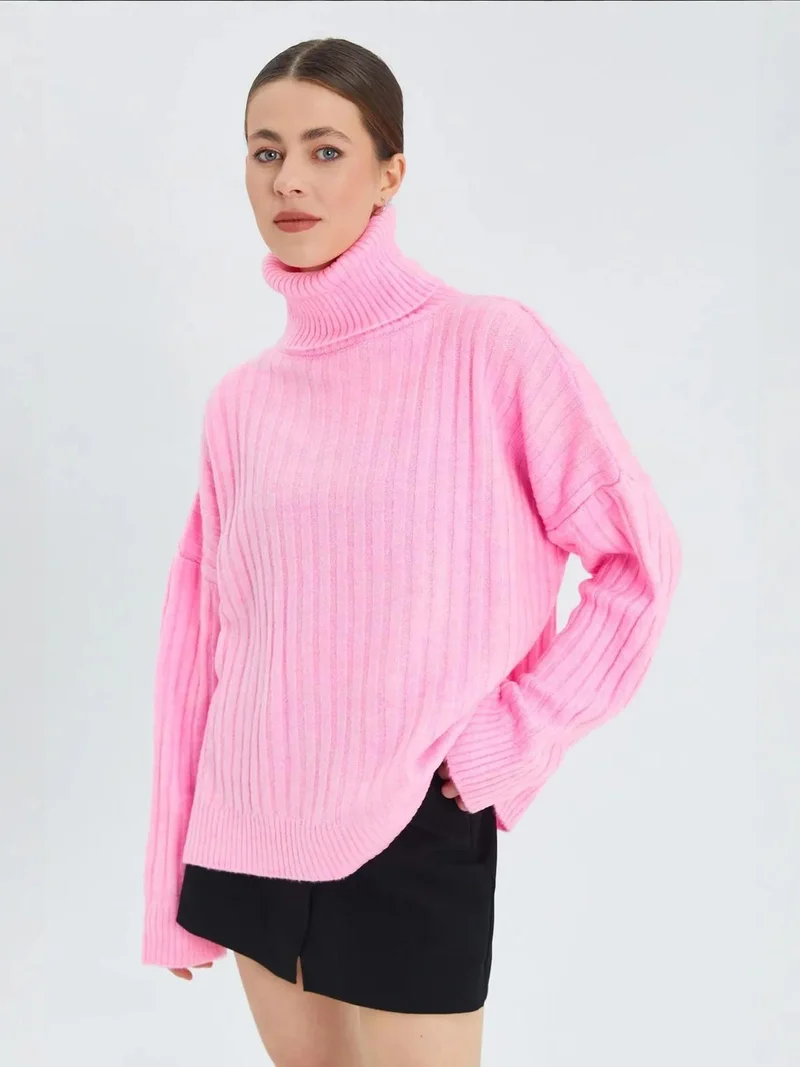 Mixray Powder Pink Mixray Oversize Ribbed Turtleneck Sweater for Women | Best Price UAE