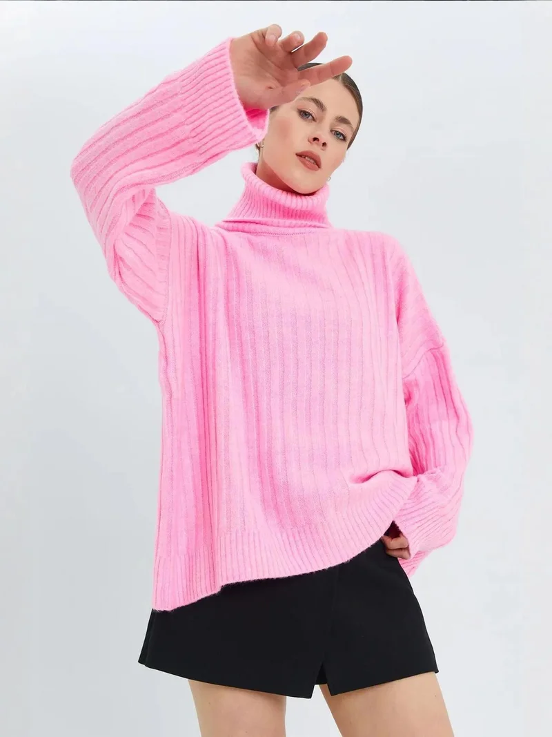 Mixray Powder Pink Mixray Oversize Ribbed Turtleneck Sweater for Women | Best Price UAE