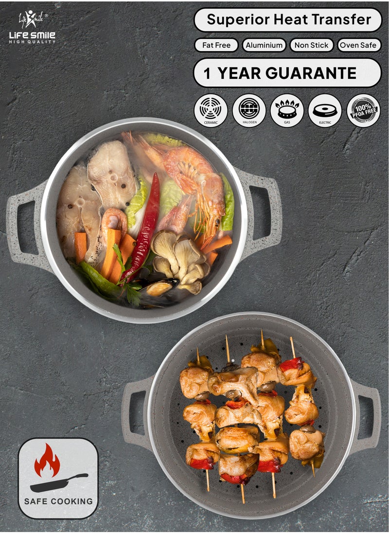Life Smile Multipurpose Steamer - Non-stick Couscoussier - 28cm Stock Pot & 28cm Steam Pot with Tempered Glass Lid Grey  - Image 2