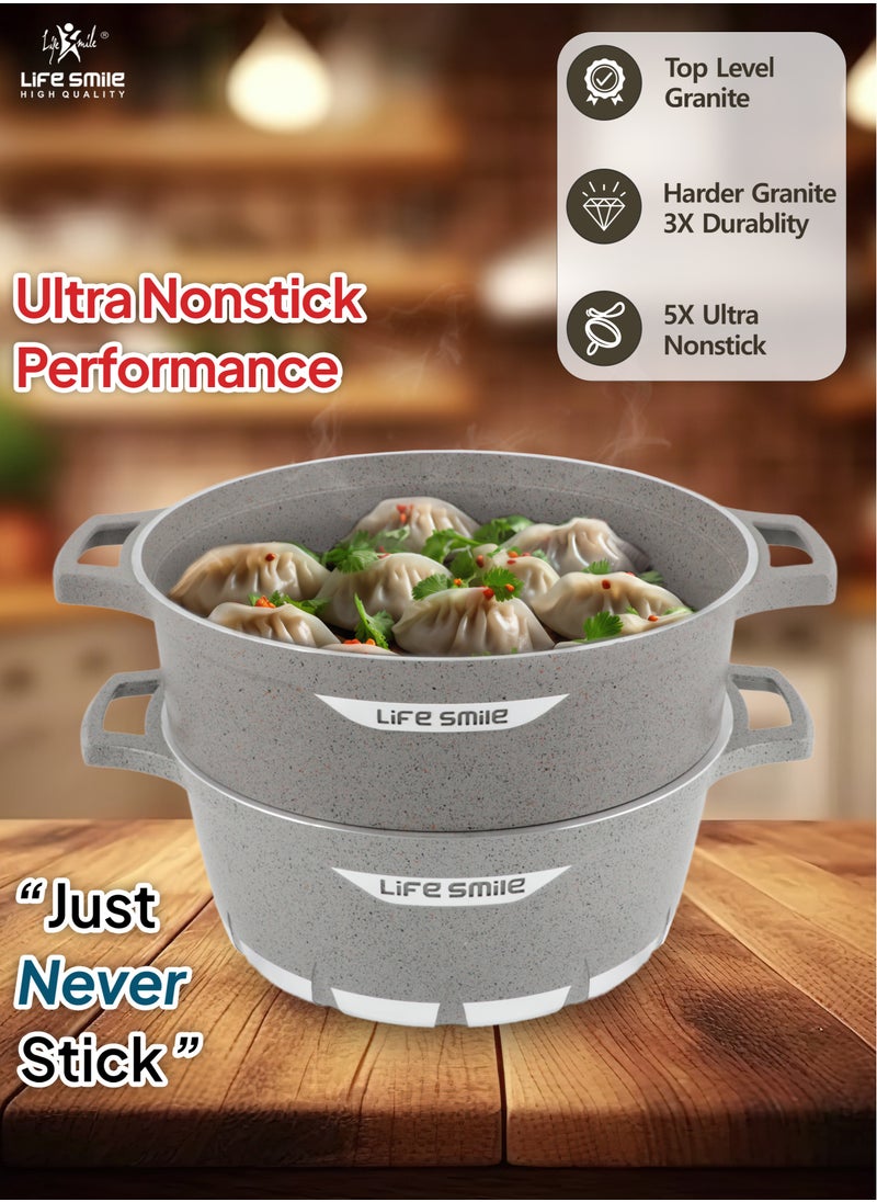 Life Smile Multipurpose Steamer - Non-stick Couscoussier - 28cm Stock Pot & 28cm Steam Pot with Tempered Glass Lid Grey  - Image 3
