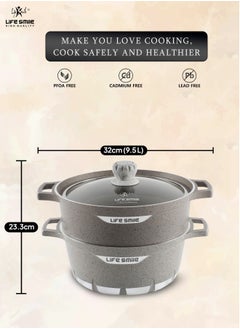 Life Smile Multipurpose Steamer - Non-stick Couscoussier - 28cm Stock Pot & 28cm Steam Pot with Tempered Glass Lid Grey  - Image 5