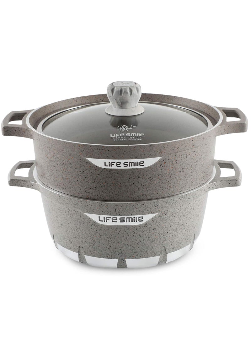 Life Smile Multipurpose Steamer - Non-stick Couscoussier - 28cm Stock Pot & 28cm Steam Pot with Tempered Glass Lid Grey  - Image 1