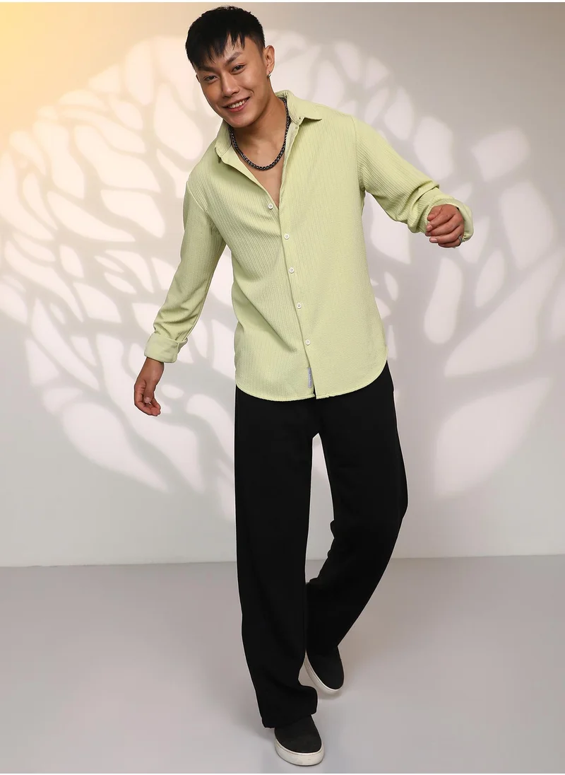 Campus Sutra Men's Lime Green  Stripe-Creased Shirt