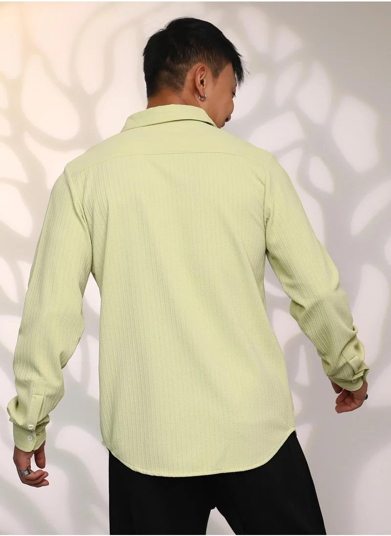 Campus Sutra Men's Lime Green  Stripe-Creased Shirt