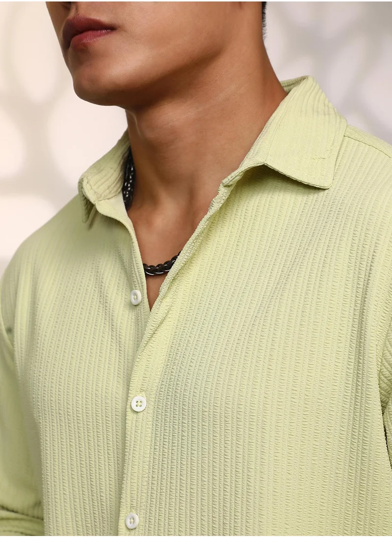 Campus Sutra Men's Lime Green  Stripe-Creased Shirt