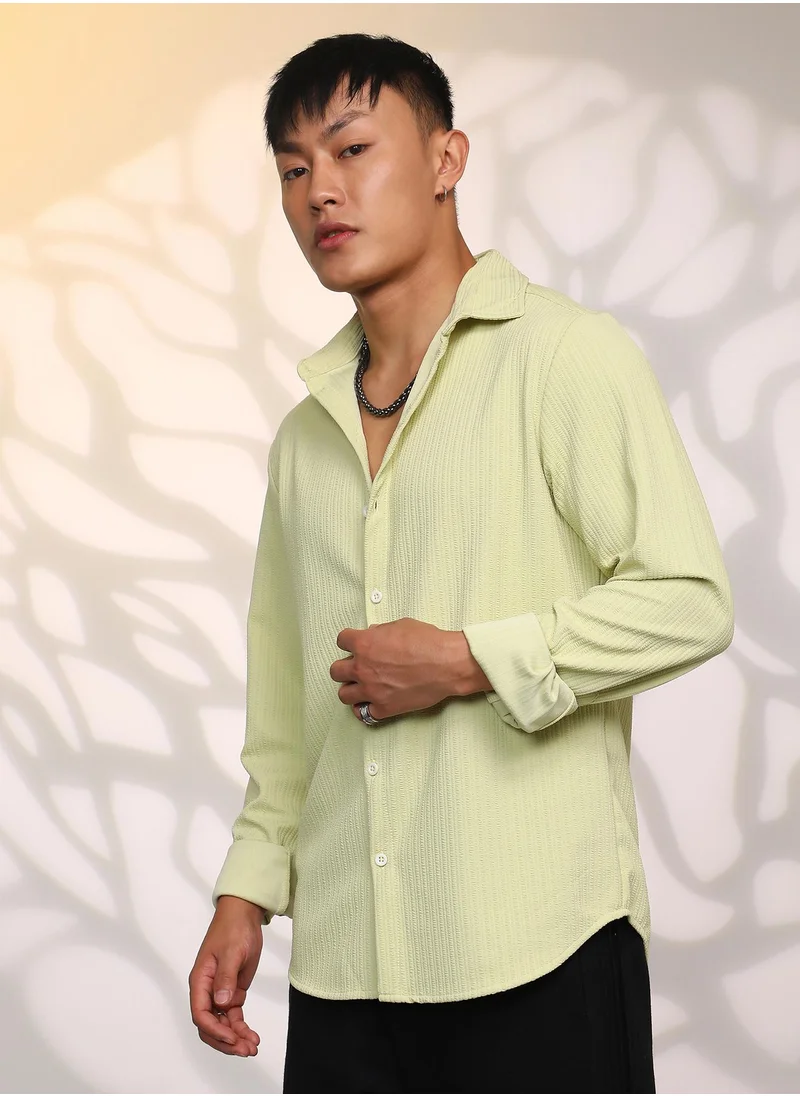 Campus Sutra Men's Lime Green  Stripe-Creased Shirt