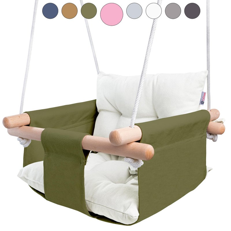CaTeam - Canvas Baby Swing, Wooden Hanging Swing Seat Chair with Safety Belt, Durable Baby Swing Chair, Outdoor and Indoor Swing for Kids, Mounting Hardware Included, Green - Image 1