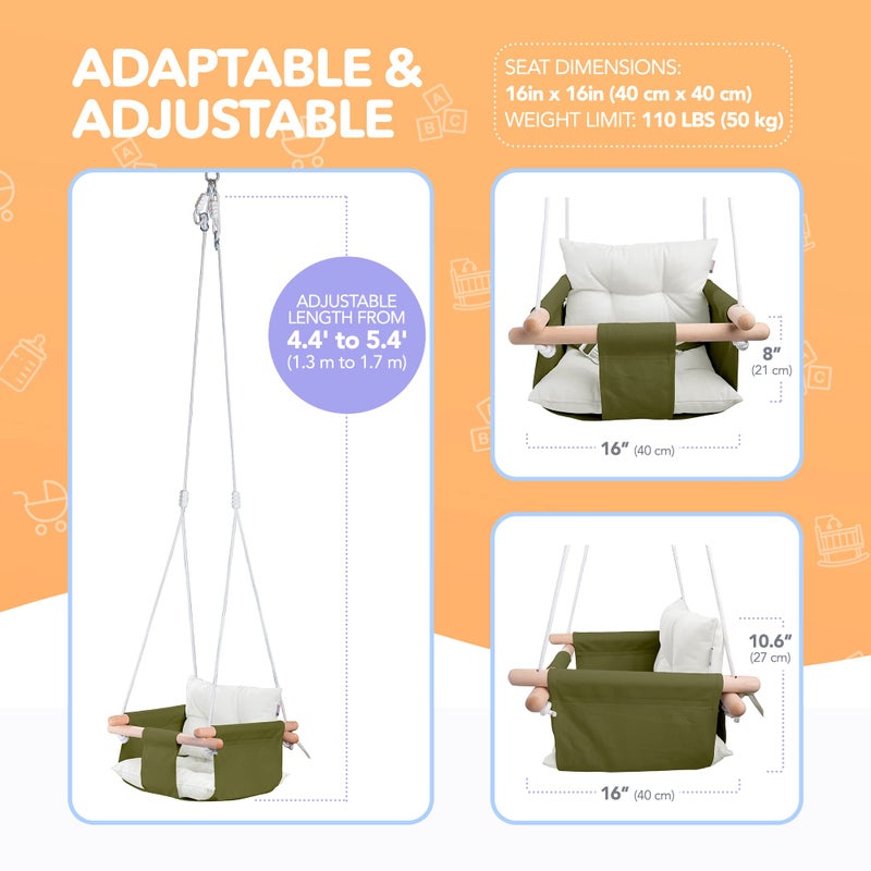 CaTeam - Canvas Baby Swing, Wooden Hanging Swing Seat Chair with Safety Belt, Durable Baby Swing Chair, Outdoor and Indoor Swing for Kids, Mounting Hardware Included, Green - Image 5