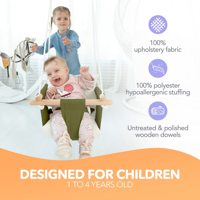CaTeam - Canvas Baby Swing, Wooden Hanging Swing Seat Chair with Safety Belt, Durable Baby Swing Chair, Outdoor and Indoor Swing for Kids, Mounting Hardware Included, Green - Image 2