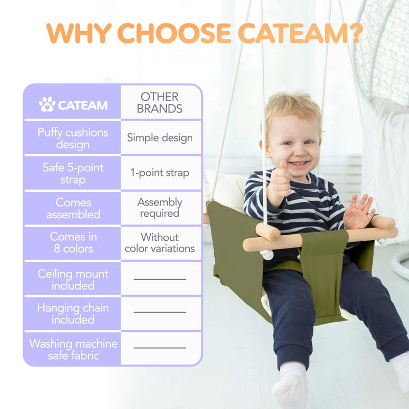 CaTeam - Canvas Baby Swing, Wooden Hanging Swing Seat Chair with Safety Belt, Durable Baby Swing Chair, Outdoor and Indoor Swing for Kids, Mounting Hardware Included, Green - Image 4
