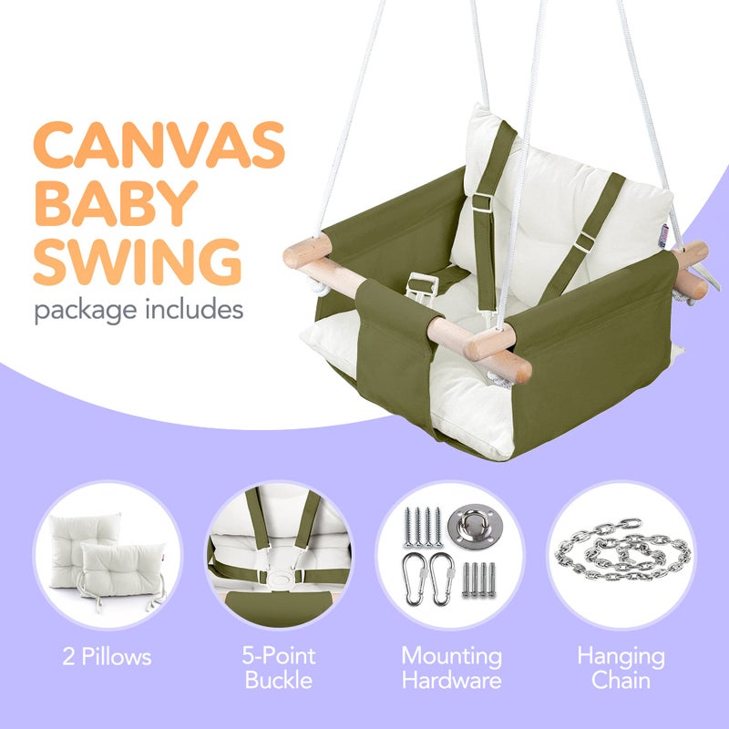 CaTeam - Canvas Baby Swing, Wooden Hanging Swing Seat Chair with Safety Belt, Durable Baby Swing Chair, Outdoor and Indoor Swing for Kids, Mounting Hardware Included, Green - Image 3