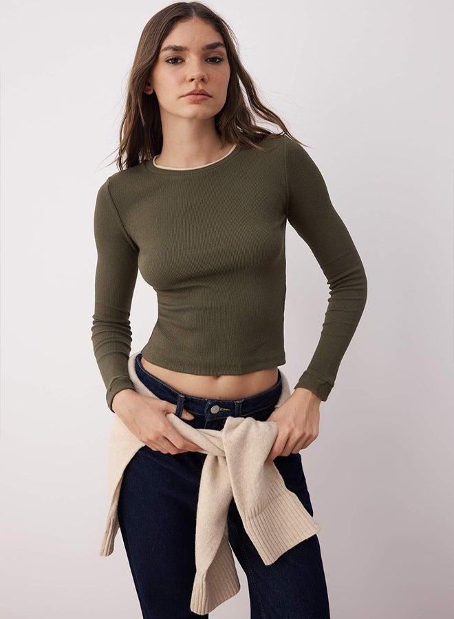 trendyol Khaki Contrast Piping Detail Crew Neck Ribbed Stretchy Knitted Blouse - Image 1