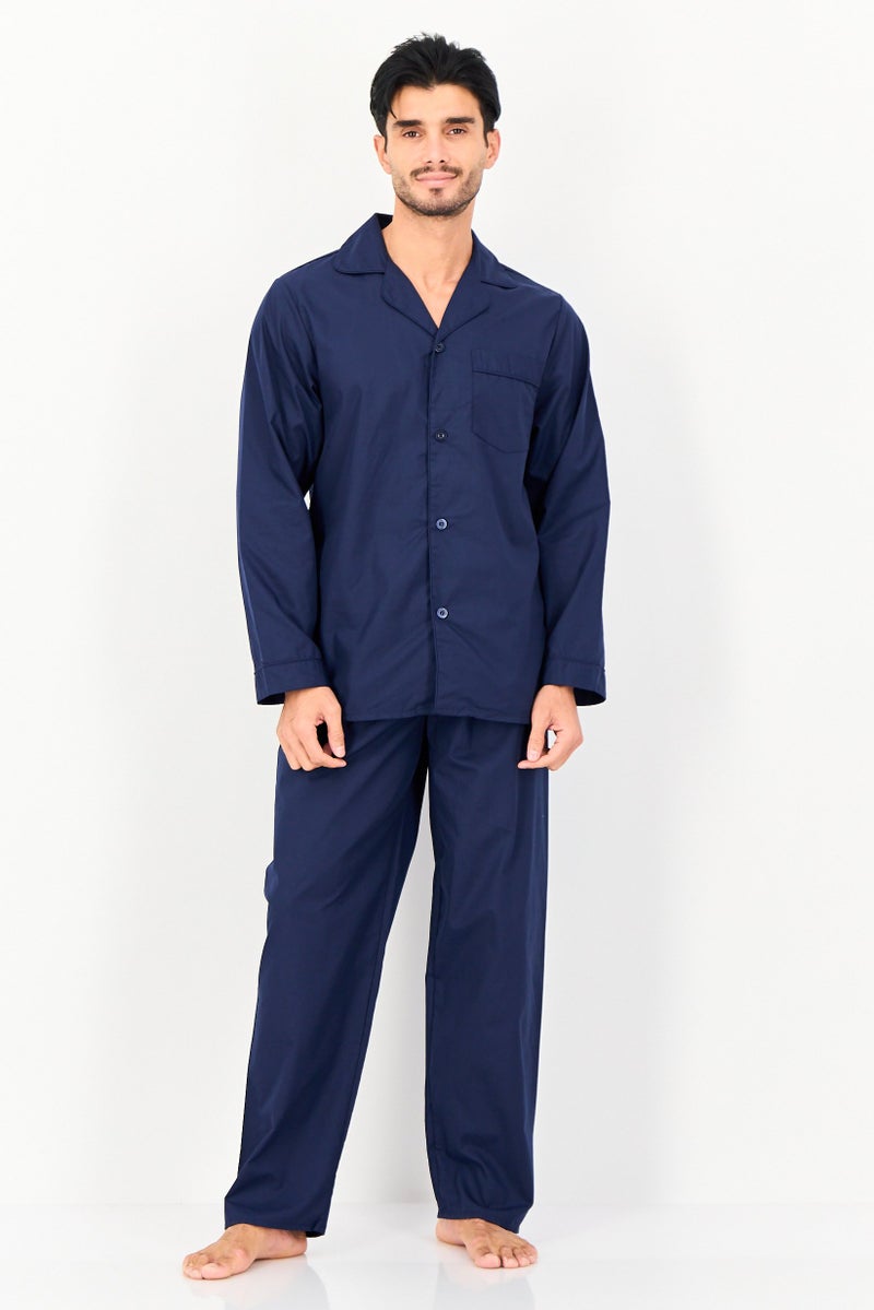 English Laundry Men 2 Pieces Plain Shirt And Bottom Pyjama Set, Navy - Image 1