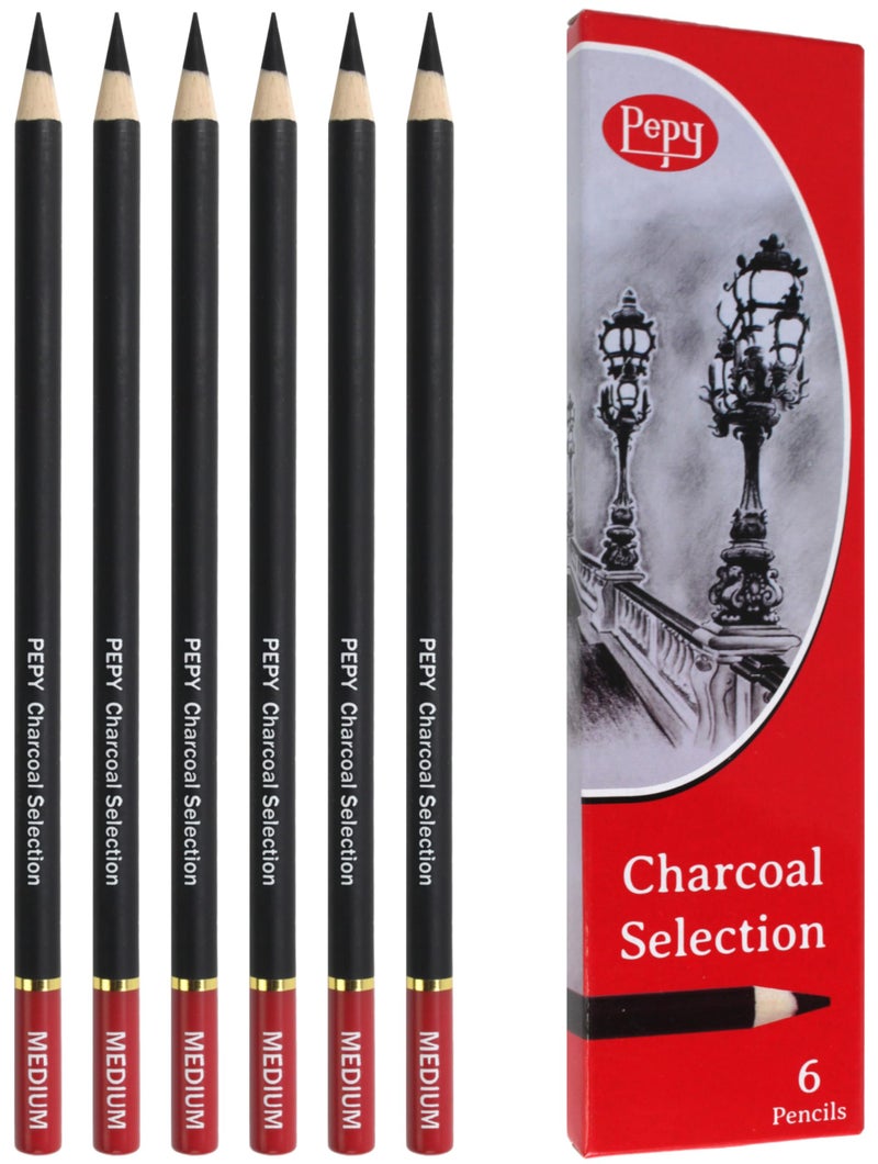Pepy Professional Medium Charcoal Pencil Drawing Set – Set of 6 Pre-Sharpened Black Charcoal Pencils; Perfect for Drawing, Sketching, Blending and Shading - Image 1