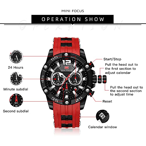 MF MINI FOCUS MINI Focus Men Watches Unique Casual Wristwatch (Chronograph/Waterproof/Luminous/Calendar/24 Hours) Silicon Band Fashion Watches for Men (Red) - Image 5