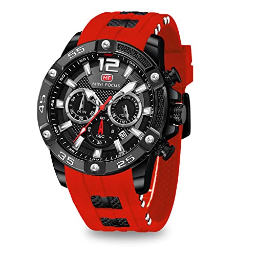 MF MINI FOCUS MINI Focus Men Watches Unique Casual Wristwatch (Chronograph/Waterproof/Luminous/Calendar/24 Hours) Silicon Band Fashion Watches for Men (Red) - Image 1
