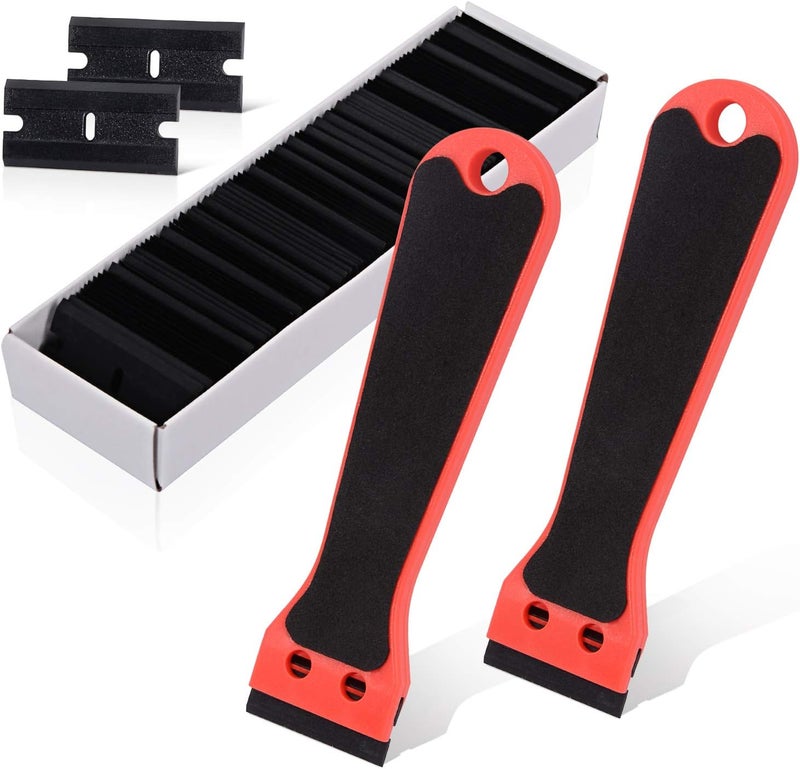 Ehdis 2pcs Plastic Razor Scraper 6-inch Long Handle Adhesive Remover Tool with 100 Double-Edge Blades for Window Tint Vinyl Scraper Decal Sticker Glue Remover (Red) - Image 1