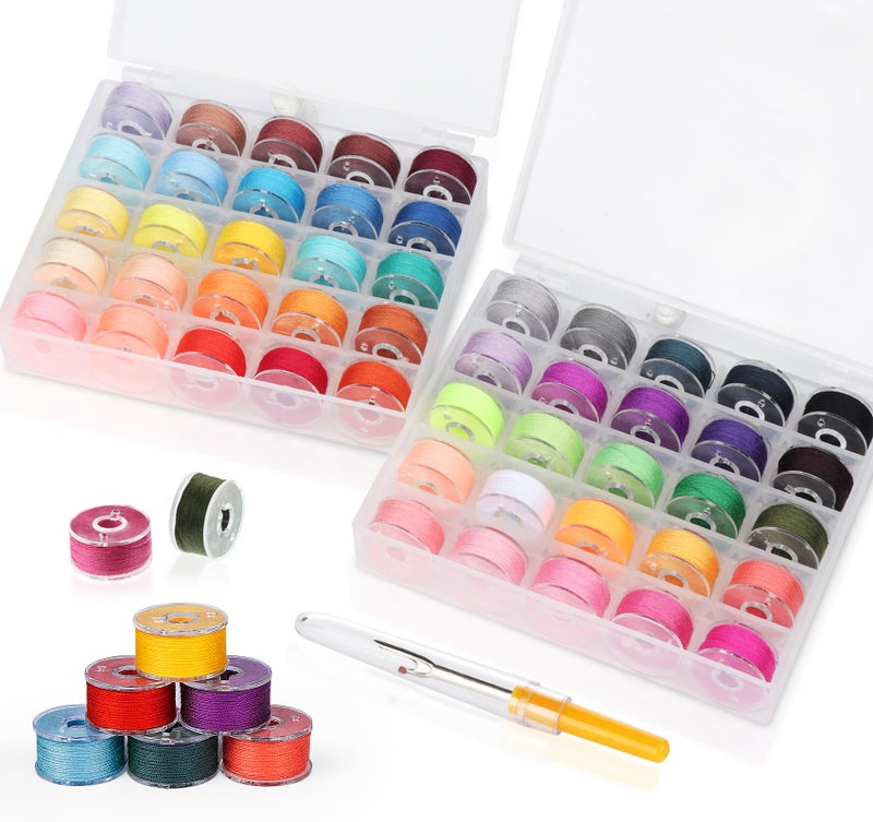 ilauke 50Pcs Bobbins Sewing Thread with Case SizeA Class15 Prewound Sewing Bobbins for Sewing Machine 50Colors Polyester Sewing Threads Compatible for BrotherSingerBabylockJanome Machine