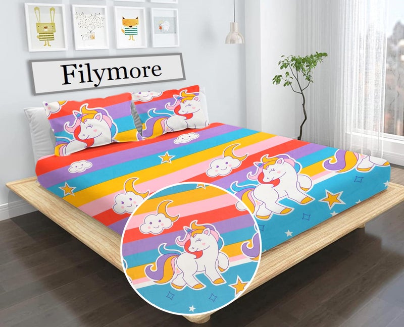Filymore Unicorn Double bedsheet for Girls Kid bedsheet for Queen Size Bed 240 TC Microfiber Soft Cartoon bedcover for Kids Room (90x90 Inches)(Multicolour) - Image 1