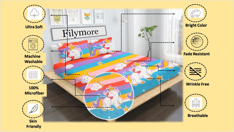 Filymore Unicorn Double bedsheet for Girls Kid bedsheet for Queen Size Bed 240 TC Microfiber Soft Cartoon bedcover for Kids Room (90x90 Inches)(Multicolour) - Image 2