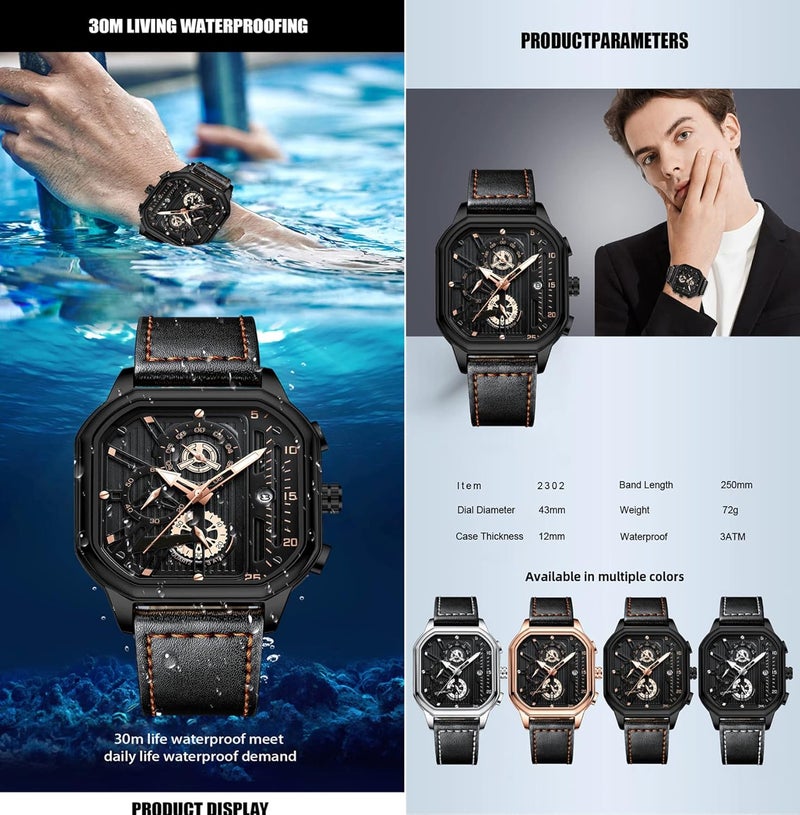 KASTWAVE Men's Watch, Waterproof Luxury Chronograph Fashion Business Wristwatch Quartz Analog Black Leather Strap Wrist Watch for Men, Automatic Chronograph Wrist Watch with Calendar - Image 3