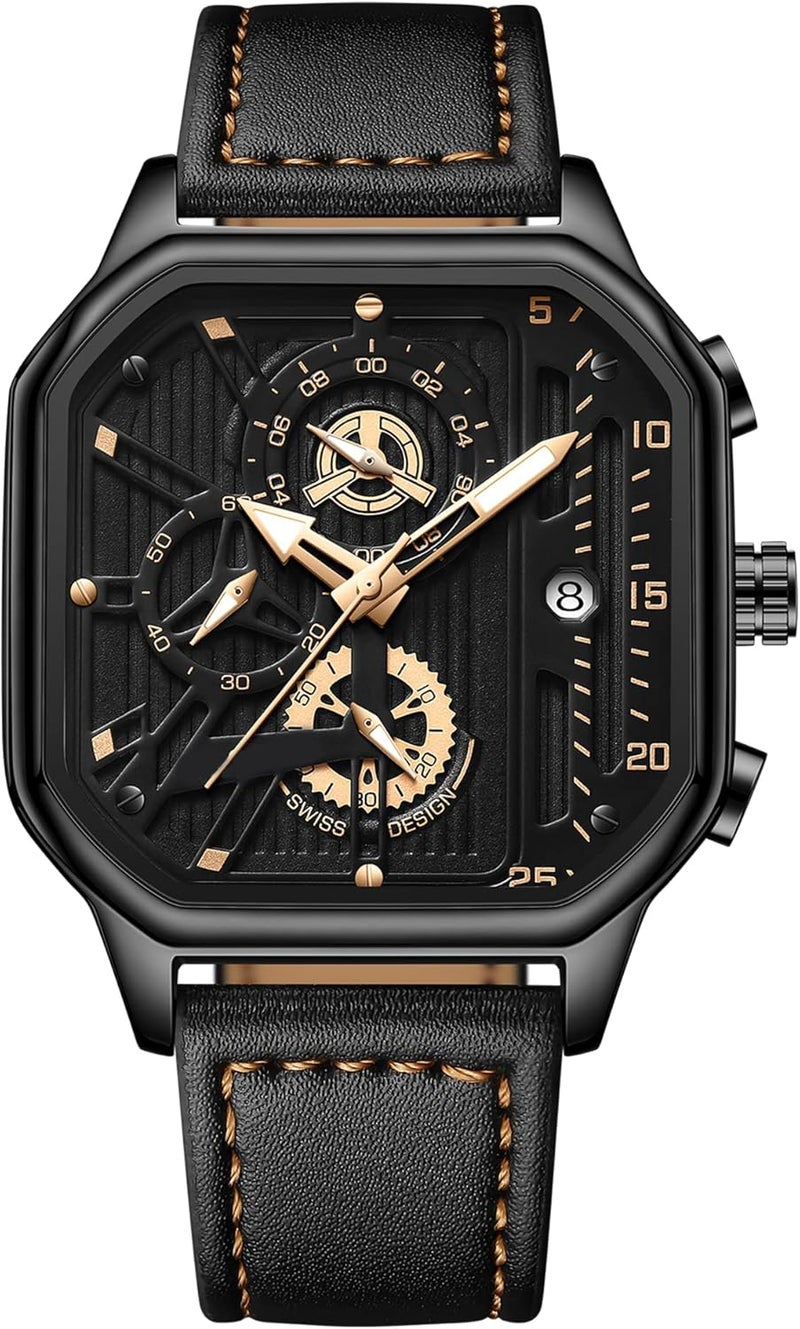KASTWAVE Men's Watch, Waterproof Luxury Chronograph Fashion Business Wristwatch Quartz Analog Black Leather Strap Wrist Watch for Men, Automatic Chronograph Wrist Watch with Calendar - Image 1