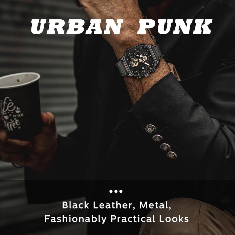 KASTWAVE Men's Watch, Waterproof Luxury Chronograph Fashion Business Wristwatch Quartz Analog Black Leather Strap Wrist Watch for Men, Automatic Chronograph Wrist Watch with Calendar - Image 2