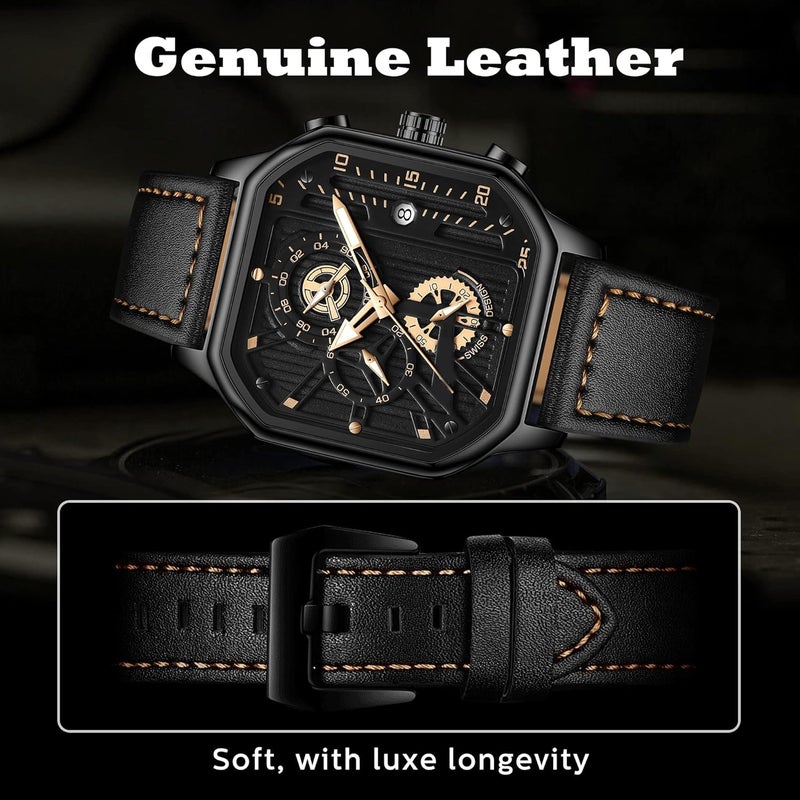 KASTWAVE Men's Watch, Waterproof Luxury Chronograph Fashion Business Wristwatch Quartz Analog Black Leather Strap Wrist Watch for Men, Automatic Chronograph Wrist Watch with Calendar - Image 4