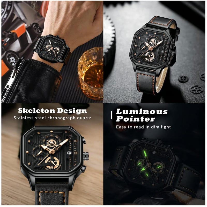 KASTWAVE Men's Watch, Waterproof Luxury Chronograph Fashion Business Wristwatch Quartz Analog Black Leather Strap Wrist Watch for Men, Automatic Chronograph Wrist Watch with Calendar - Image 5