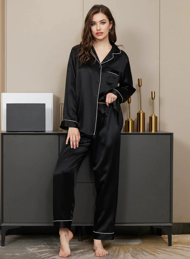 Silk N Love Pack of 3 - Shirt Top + Pant Trouser + Scrunchie Headband - Black Plain Silk Pajama Set for Ladies Women Clothes Girls Night Wearing Nighty Nightwear Sleepwear Lingerie Dress Pyjama Set  - Image 5