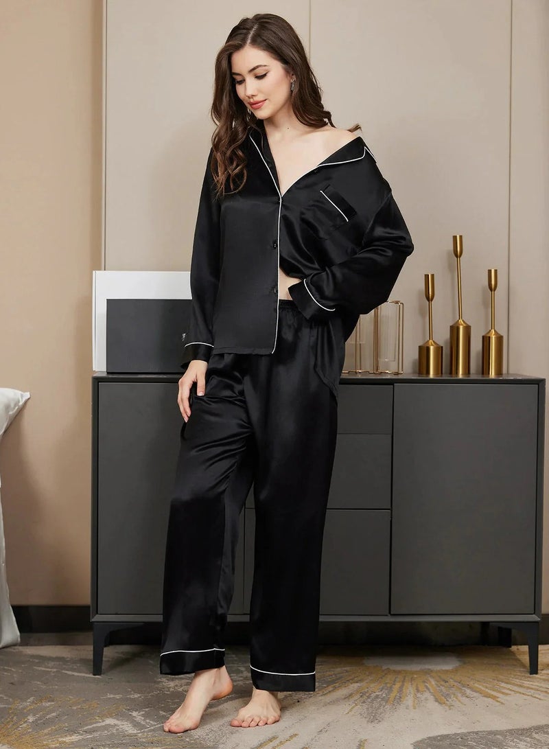 Silk N Love Pack of 3 - Shirt Top + Pant Trouser + Scrunchie Headband - Black Plain Silk Pajama Set for Ladies Women Clothes Girls Night Wearing Nighty Nightwear Sleepwear Lingerie Dress Pyjama Set  - Image 2