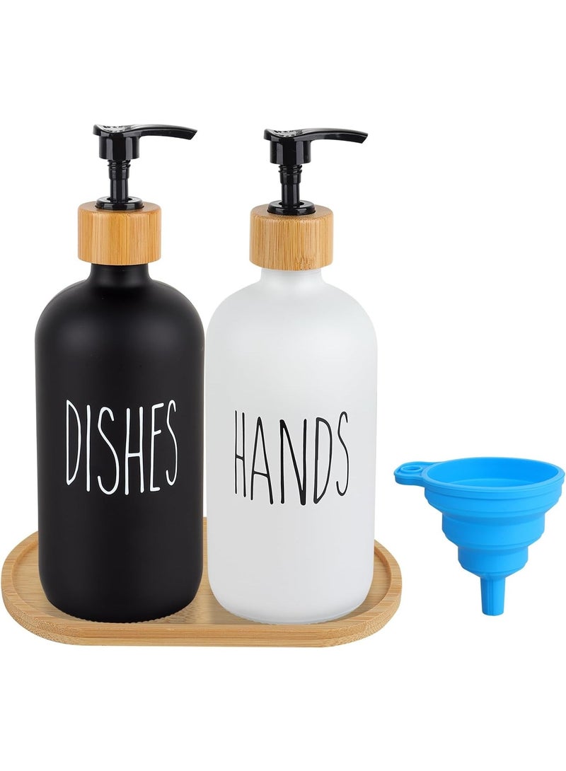 Happy Home 2 Pieces Hand Wash with Silicone Funnel Soap Dispenser for Bathroom and Kitchen Hand Wash Shower Gel Pump Soap Dispenser Pump with Bamboo Wood Base for Hand Washing for Kitchen and Bathroom Sink - White and Black (White/Black/Bamboo) - Image 1