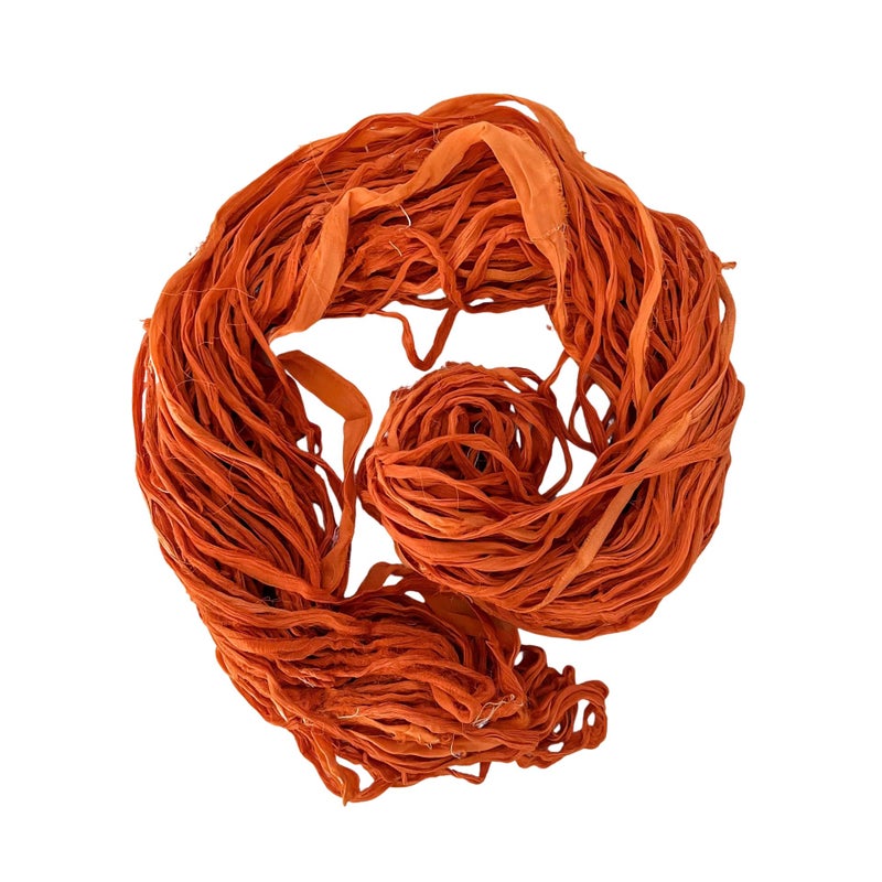 Revolution Fibers  100 Recycled Saree Sari Silk Ribbon Yarn  Bulky Weight  50 Yards per 100 Grams  Knitting  Crocheting  Jewelry Making Gift Wrapping and Weaving Burnt Sienna Orange Mix