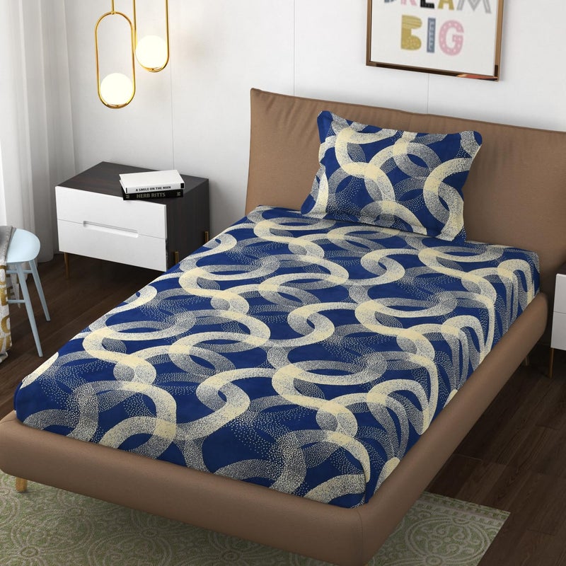 BLUSH & BLOOM Super Soft Cotton Feel All Round Elastic Fitted Single Bedsheet with 1 Pillow Cover-36 x 72 x 8 Inches, 92 cm x 182 cm x 20 cm-Blue - Image 1
