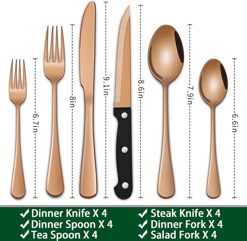 Dehov Rose Gold 24 PCS Flatware Sets With Steak Knives Service For 4 Person,Copper Eating Untensils Set For Kitchen,Silverware Set Includes Knife Spoon And Fork Set - Image 2