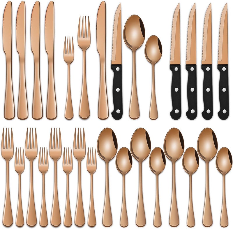 Dehov Rose Gold 24 PCS Flatware Sets With Steak Knives Service For 4 Person,Copper Eating Untensils Set For Kitchen,Silverware Set Includes Knife Spoon And Fork Set - Image 1