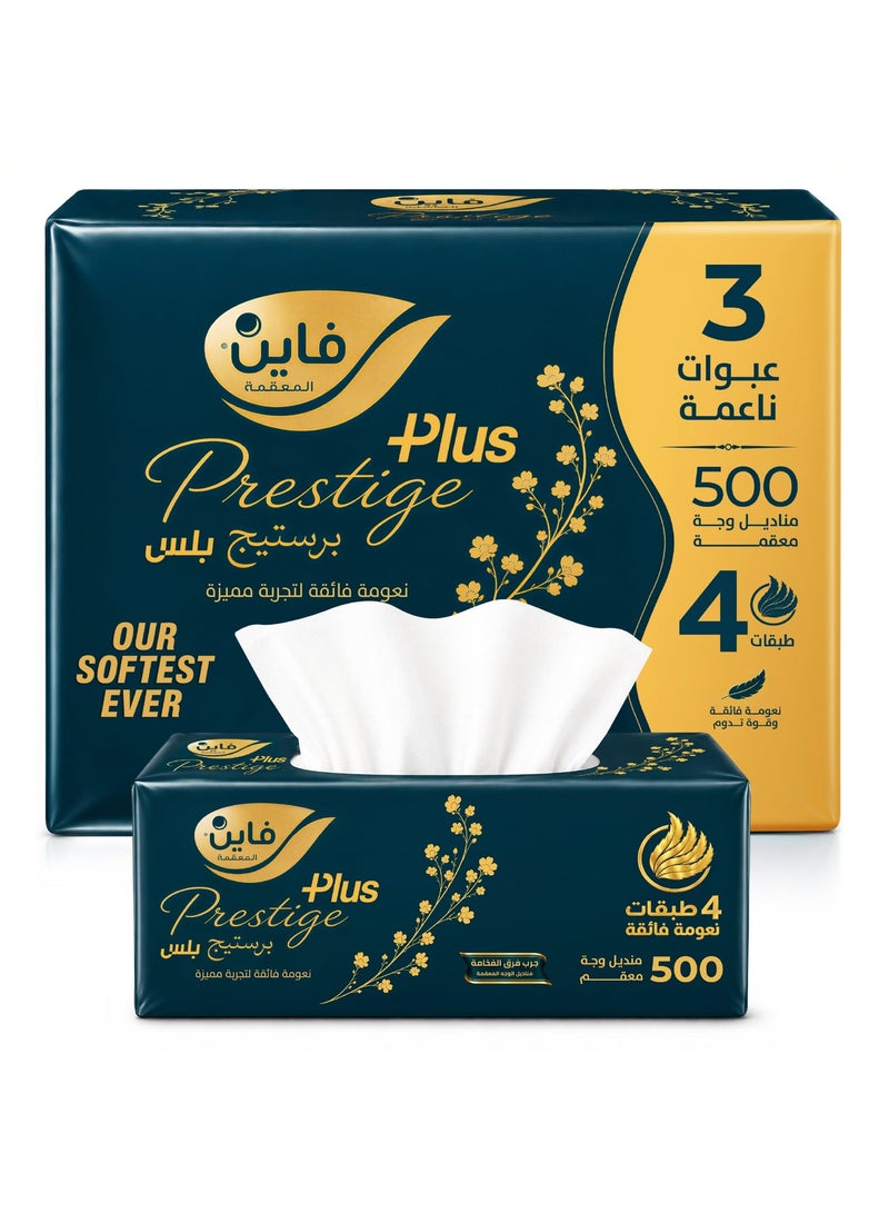 Fine Prestige Plus Facial Tissues 500 Sheets x 4 Ply, Pack of 3 - Image 1