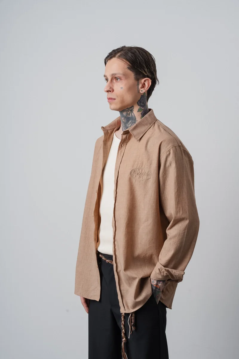 RESPIRE Men's Respire Embroidered Long-Sleeve Oversize Shirt Beige