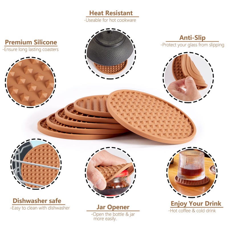 Coga Drink Coasters Set of 6 with Holder  Silicone Coasters Tabletop Protection for Any Table Type  Wood  Stone Tables  Dishwasher Safe  Coasters for Drinks Fits Any Size of Drinking Glasses (Brown) - Image 3