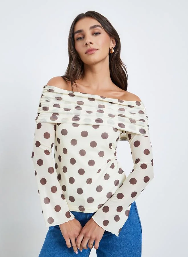 Styli Women Off-Shoulder Polka Dot Mesh Top