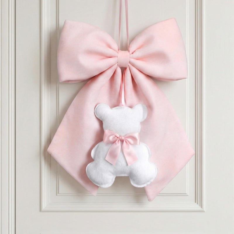 Sureio Large Pink Bow Decor with Teddy Bear Coquette Pink Bow Fabric Hanging Wall Art Cute Door Decorations 14 x 12 Inch for Dorm Bedroom Nursery Apartment Door Indoor Outdoor Baby Shower Decor - Image 2