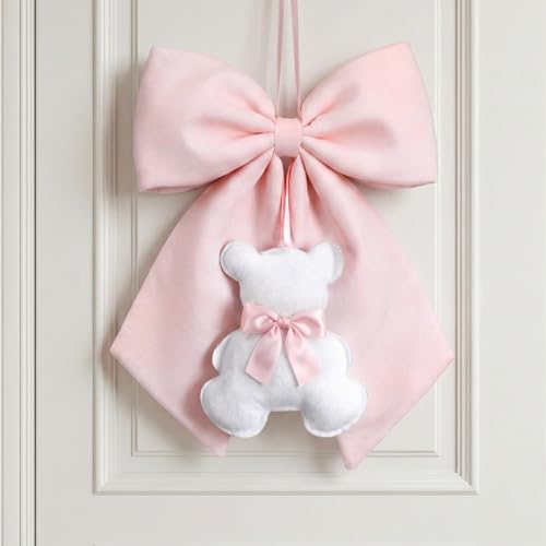 Sureio Large Pink Bow Decor with Teddy Bear Coquette Pink Bow Fabric Hanging Wall Art Cute Door Decorations 14 x 12 Inch for Dorm Bedroom Nursery Apartment Door Indoor Outdoor Baby Shower Decor - Image 1