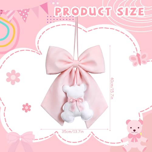 Sureio Large Pink Bow Decor with Teddy Bear Coquette Pink Bow Fabric Hanging Wall Art Cute Door Decorations 14 x 12 Inch for Dorm Bedroom Nursery Apartment Door Indoor Outdoor Baby Shower Decor - Image 3