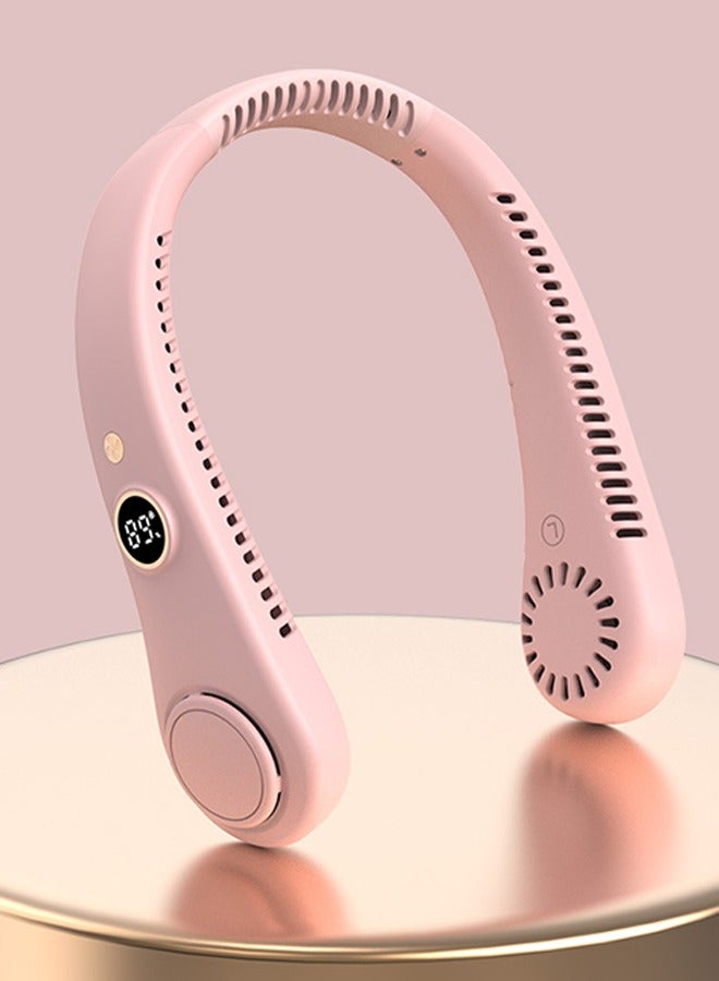 HaveDream LED Digital Display Neck Hanging Fan, Outdoor Sports Student USB Bladeless Turbine Silent High Wind Power Mini Fan-Pink - Image 1