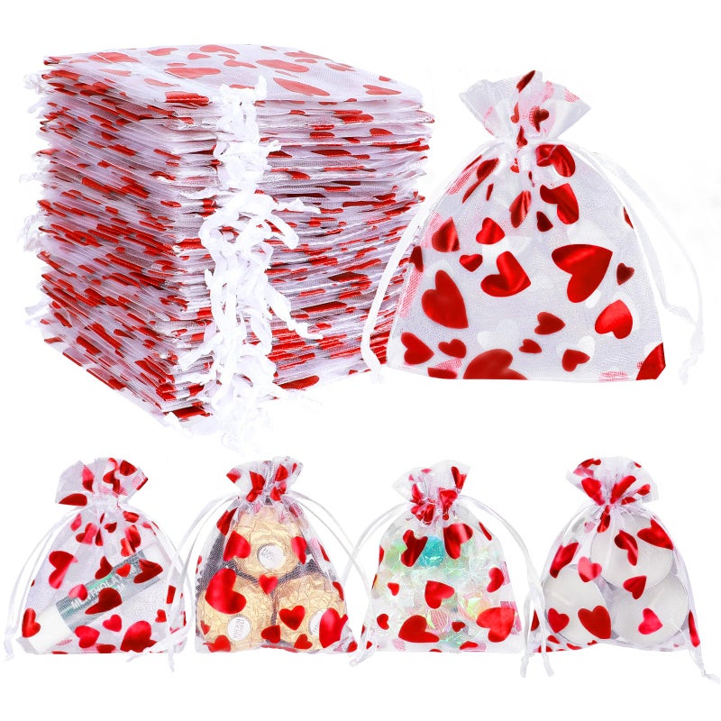 Tapleap Small Valentines Candy Bags for Kids Classroom, Heart Print Mesh Organza Drawstring Gift Bags for Packaging Goodie, For Wedding, Birthday, Bridal Showers, 50Pcs 3x4in(8x10cm) - Image 1